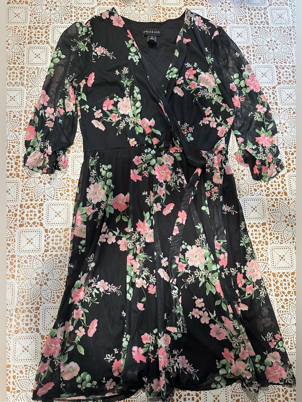 Stella & Julie Floral Mesh Wrap Midi Dress Size 12